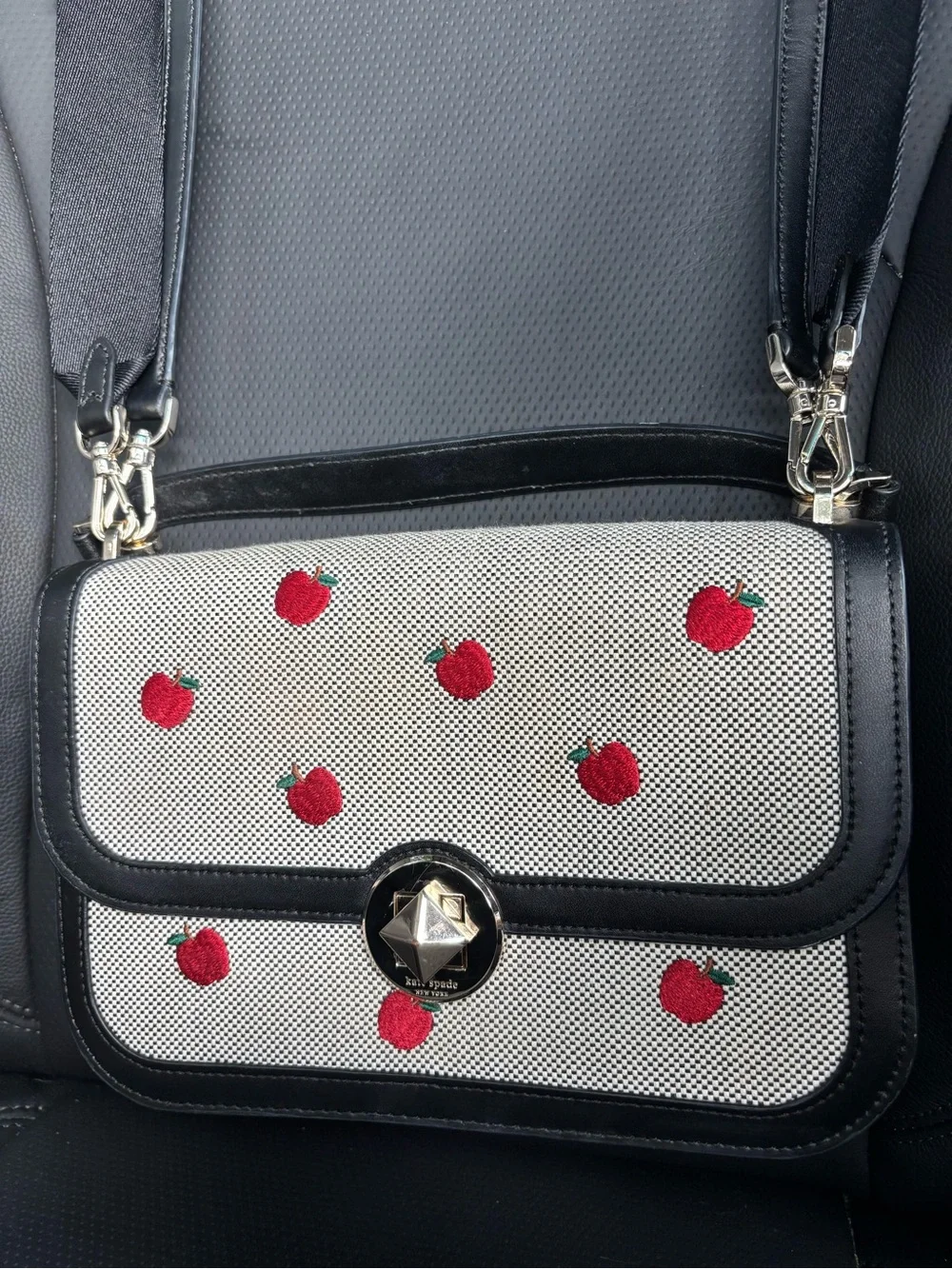 kate spade Black Trim Woven Clutch with Red Apple Embroidery